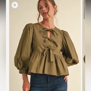 Jodifl Cropped Bow Ties Peplum Blouse With Balloon Sleeve Brown Size M